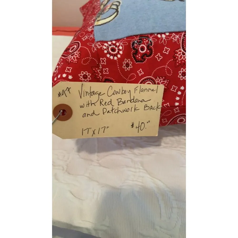 Vintage Cowboy Pillow Sham, Red Bandana Border, Upcycled Flannel